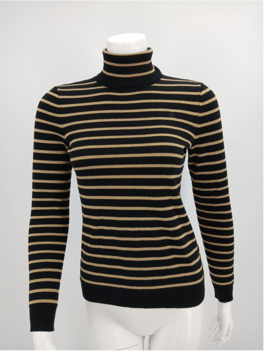 Lauren Ralph Lauren Black & Gold Stripe Ribbed Turtleneck Sweater Size Women PXS